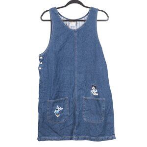 Walt Disney World VTG Denim Jumper Dress L Girl Mickey Minnie Mouse Kisses Heart